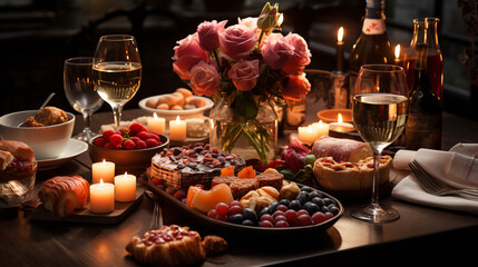 Naklejka premium Table setting decorated for romantic dinner. Valentine's day and love concept.
