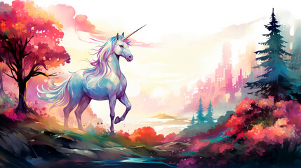 Obraz na płótnie Canvas Unicorn on the background of the autumn landscape