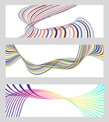 Obraz premium Wavy lines or ribbons. Set of 3 backgrounds. Multicolored striped gradient. Creative unusual background with abstract gradient wave lines to create a trendy banner, poster. vector eps