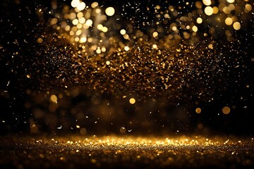 Abstract festive dark background adorned with golden glitter and mesmerizing bokeh lights