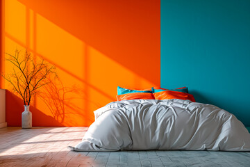 A bed positioned against a vivid orange and blue wall in a minimalist modern bedroom, providing ample copy space.
