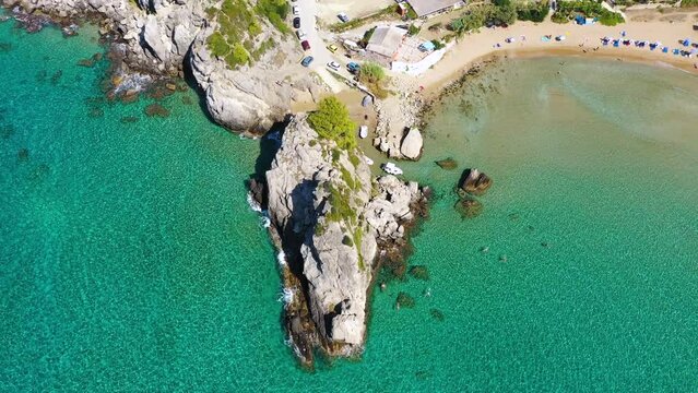 Aerial drone view over Pelekas Kontogialos beach. Corfu, Greece. View of Beach of Kontogialos, Pelekas, Corfu, Greece.