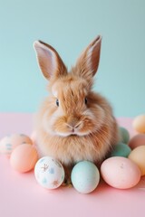 Easter bunny and Easter eggs isolated on light blue and pink backtround.