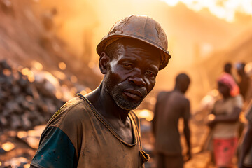 Conceptual image of African people working hard in inhumane conditions extracting minerals. Cobalt mining in the Congo. poor people in africa - obrazy, fototapety, plakaty