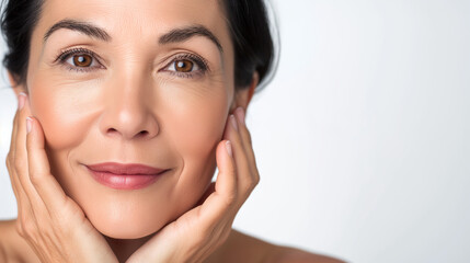 Happy middle aged mature asian woman, senior older 50 year lady looking at camera touching her face isolated on white close up face portrait.