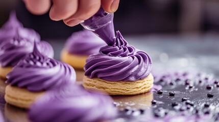 Pastry chef decorates biscuit with purple cream from pastry bag, close-up. Preparation of blueberry cake at commercial bakery with piping bag - obrazy, fototapety, plakaty