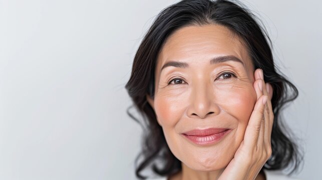 Happy middle aged mature asian woman, senior older 50 year lady looking at camera touching her face isolated on white close up face portrait.