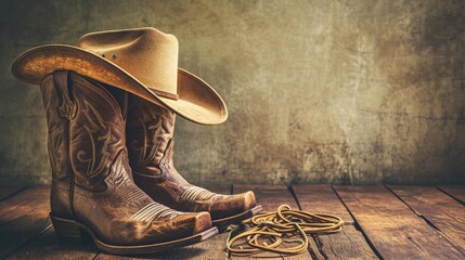 Wild West retro cowboy hat and pair of old leather boots on wooden floor. Vintage style filtered photo - obrazy, fototapety, plakaty