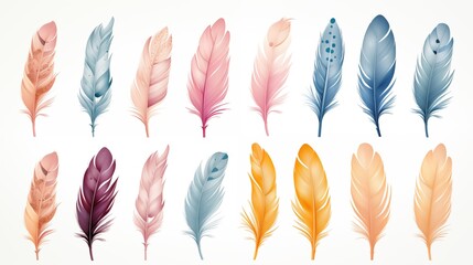 Set of magic colorful feathers. Multicolor feather watercolor hand drawn, illustration. 