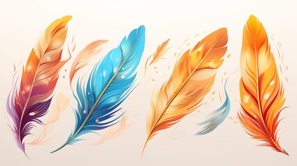 Fototapeta na wymiar Set of magic colorful feathers. Multicolor feather watercolor hand drawn, illustration. 