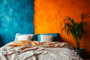 A bed positioned against a vivid orange and blue wall in a minimalist modern bedroom, providing ample copy space.