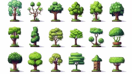 Set of cartoon trees. Colorful trees for game. Pixel art, 8 bit for video game UI - obrazy, fototapety, plakaty