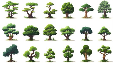 Set of cartoon trees. Colorful trees for game. Pixel art, 8 bit for video game UI