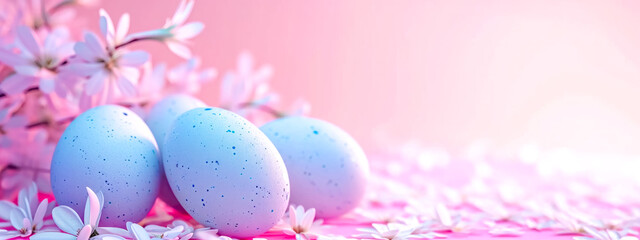 Easter setting with pastel blue speckled eggs amid delicate pink flowers, all bathed in a soft, warm light on a gentle pink background, giving off a peaceful and celebratory spring vibe