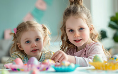 Fototapeta premium Playful sisters, decorating the table for Easter lunch.