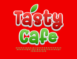 Vector playful flyer Tasty Cafe. Funny Green Font. Bright handwritten Alphabet Letters and Numbers.