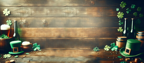 St Patricks day wooden background with copy space - obrazy, fototapety, plakaty