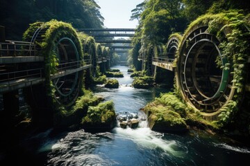 Verdezant landscape with turbines capturing rivers energy., generative IA