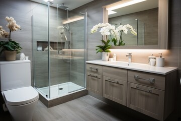 Modern bathroom interior with large corner shower and floating vanity