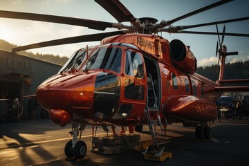 Fototapeta na wymiar Helicopter raises load in a busy industrial scenario., generative IA