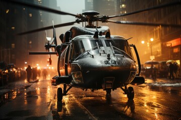 Helicopter captures urban scenes for film; frantic action., generative IA - obrazy, fototapety, plakaty