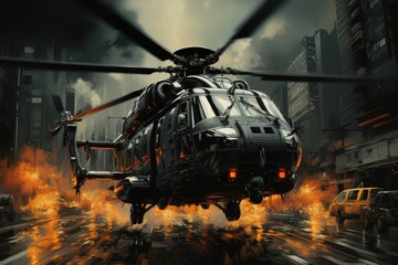 Urban Heliport: Black Helicopter takes off on vibrant skyscrapers., generative IA