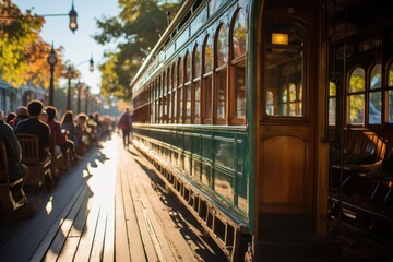 Animated passengers board a restored vintage tram., generative IA - obrazy, fototapety, plakaty