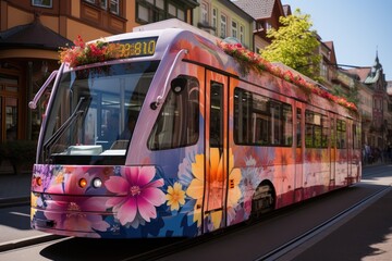 Naklejka premium Colorful themed tram slides festivity through the streets., generative IA