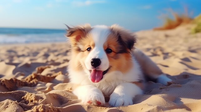Cute puppy of Australian Shepherd on the sand on the beach.