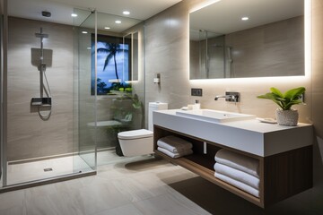 Modern bathroom interior with large mirror and walk-in shower - obrazy, fototapety, plakaty
