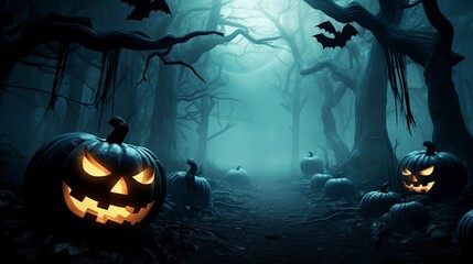 pumpkins and bats on Halloween night