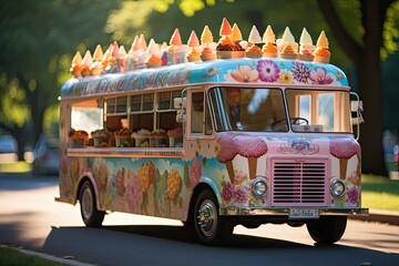 Colorful ice cream truck in summer park. Happy children wait., generative IA