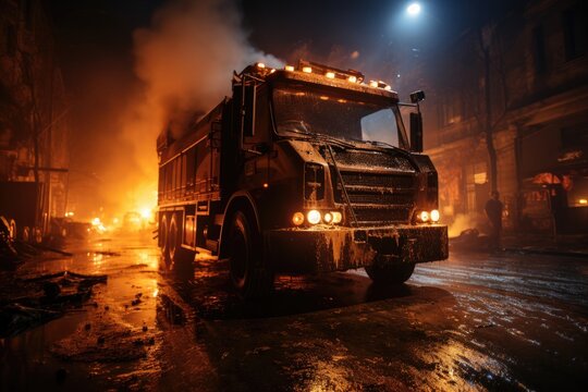 Fire truck fighting a voracious fire., generative IA