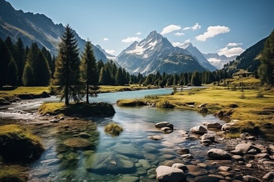 majestic mountains and river in valley