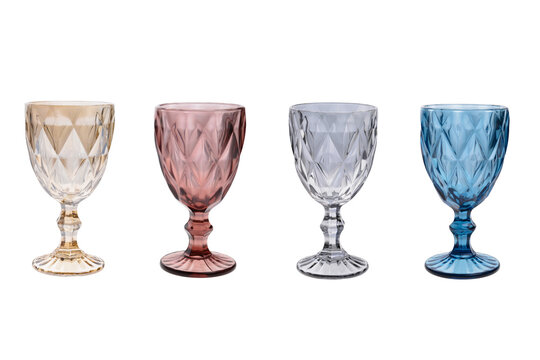 Set of different colored glass cup isolated on white background.