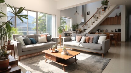 A bright and airy living room with a large windows and a gray couch