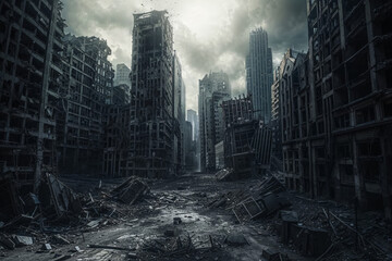 A desolate post-apocalyptic cityscape, crumbling buildings and overgrown vegetation, eerie and abandoned atmosphere, muted tones of grey and green, wide desaturated shot
