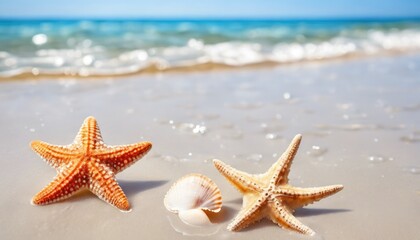Fototapeta na wymiar Seashell on sand of the beach in sunlight, background, close up