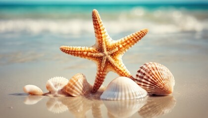 Fototapeta na wymiar Beautiful sea shell on sandy beach. Space for text