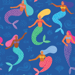 Cartoon mermaids characters. Pretty women with fish tails, underwater mythical creatures, beautiful sea girls, vector seamless pattern.eps