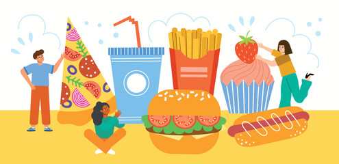 Cute people eat fast food. Cartoon flat men and women with large pizza, burger, hot dog and cupcake, unhealthy products, vector illustration.eps