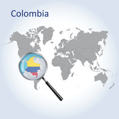 Magnified map Colombia with the flag of Colombia enlargement of maps, Vector Art