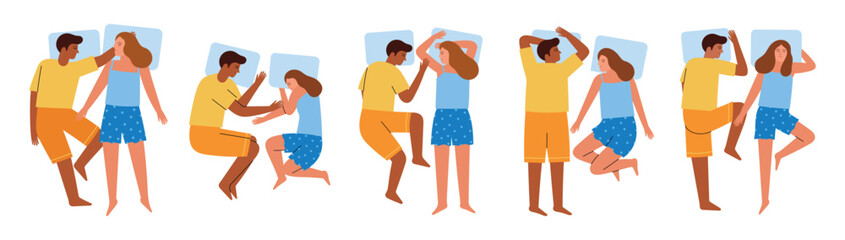 Happy sleeping couple. Different bodies positions, cartoon guy and girl in pajamas, cute lovers lie on pillows, sleep phases, vector set.eps