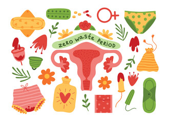 Cartoon menstruation hygiene elements. Female pms period items, women underwear, anatomical uterus and ovaries, pads and tampons, vector set.eps