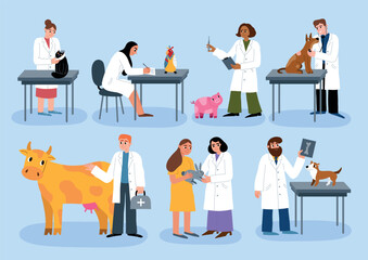 Cartoon vet doctor characters. Work in veterinary office, examination and treatment of animals, rehabilitation, owners with pets, vector set.eps