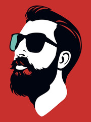 Male portrait. Bearded young man in sunglasses. Minimalistic retro graphic illustration style.Vintage poster.Flat colors.