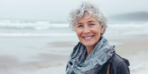 Serene Senior Woman Wrapped in Scarf on Cloudy Beach Day