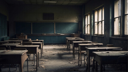 empty classrooms are dark and dirty - obrazy, fototapety, plakaty