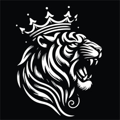 King tiger crown ,  King Angry Tiger head black and white illustration vector design