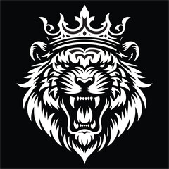 King tiger crown ,  King Angry Tiger head black and white illustration
